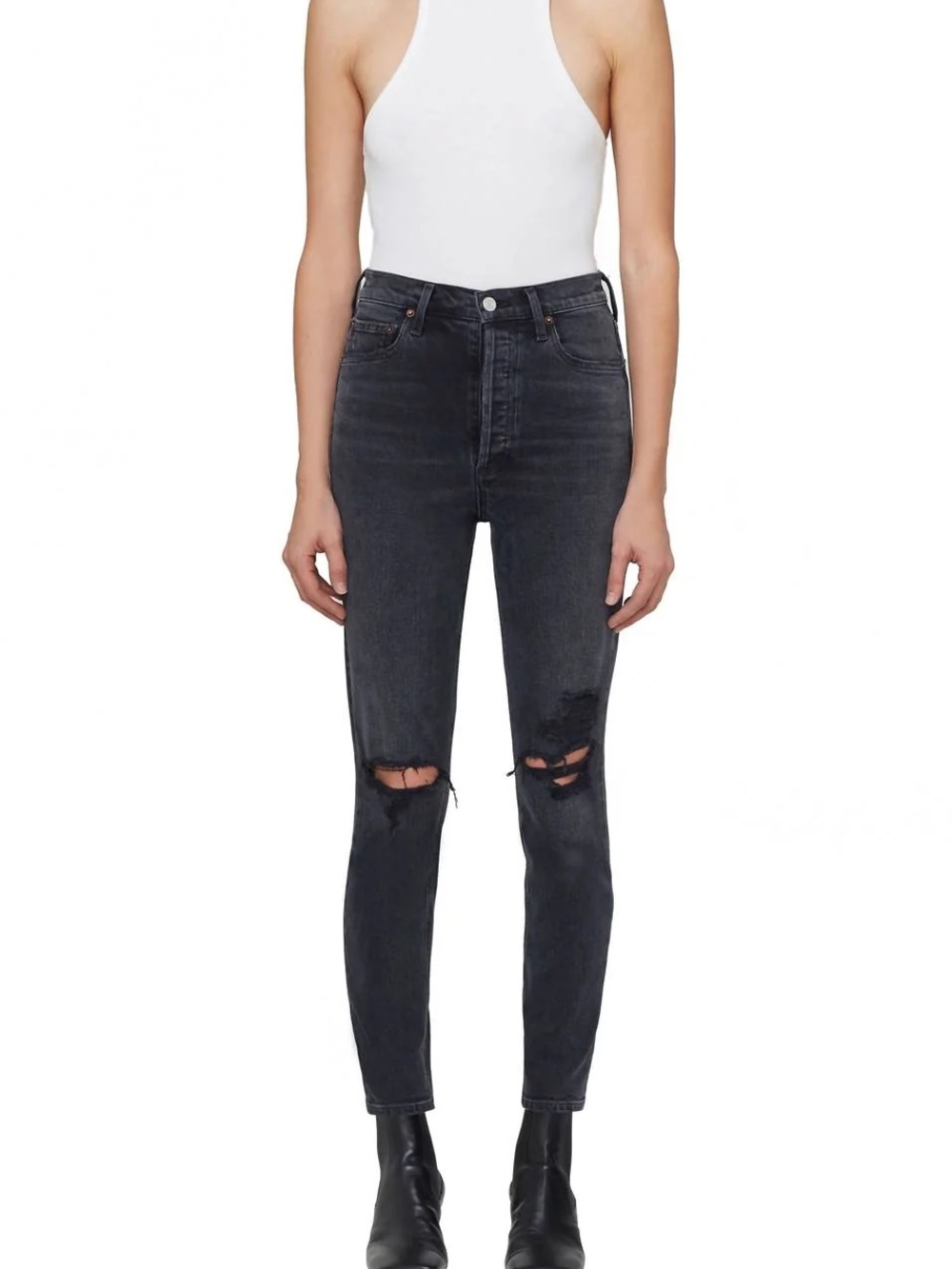 Agolde Black Nico High Rise Jeans with Distressed Knees